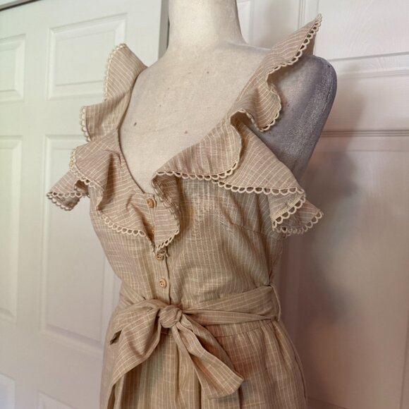 The Lineup Beige Khaki Gingham Ruffle Jumpsuit - Picture 2 of 6